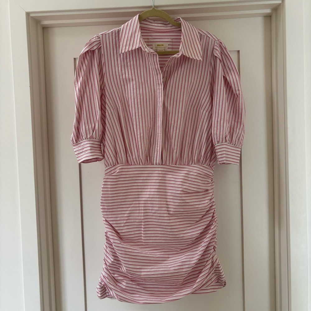 NWOT Maeve Anthropologie Fitted Ruched Mini Shirt Dress Pink Striped M - Picture 2 of 9
